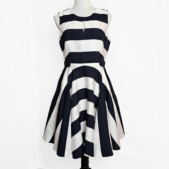 Belle Badgley Mischka Shawn Navy and White Striped Fit & Flare Sleeveless Dress - Picture 1 of 6